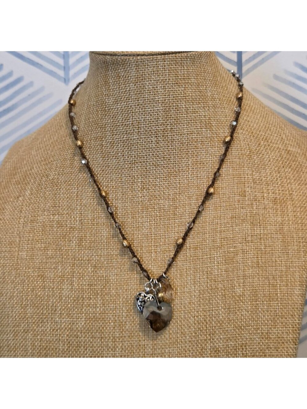 Brighton Karma Heart Crystal Charm Silver Clear Beaded Brown Cord Necklace